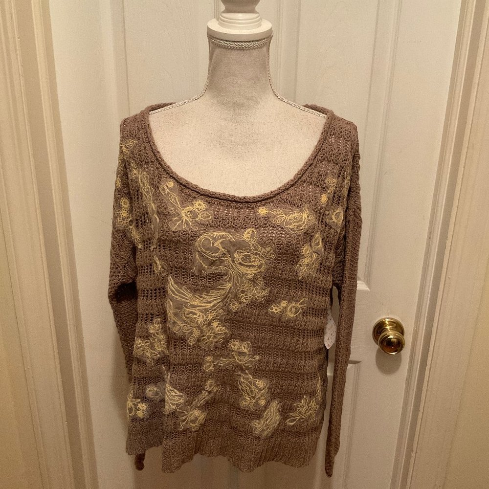 Free People Sweater M Brown Yellow Taupe Applique Long Sleeve Semi-Open Eave NWT